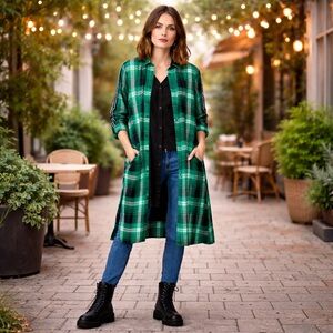 Replay Green Plaid Shirt Dress Longline Overshirt Jacket Pockets Size Small
